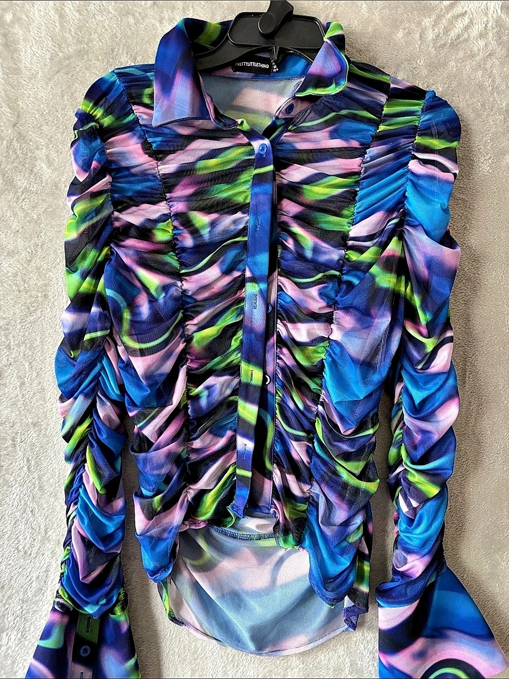 PrettyLittleThing Abstract Ruched Blouse in Blue & Purple Size 12